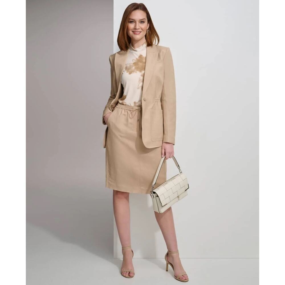 NWOT Calvin Klein Womens Linen Cinched Blazer Size 6 One Button Tan Breathable - Picture 3 of 14